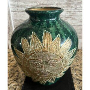Mendocino Sandpiper Coromandel Lacquer Carved Vase 9" Green Gold Sun Moon Stars